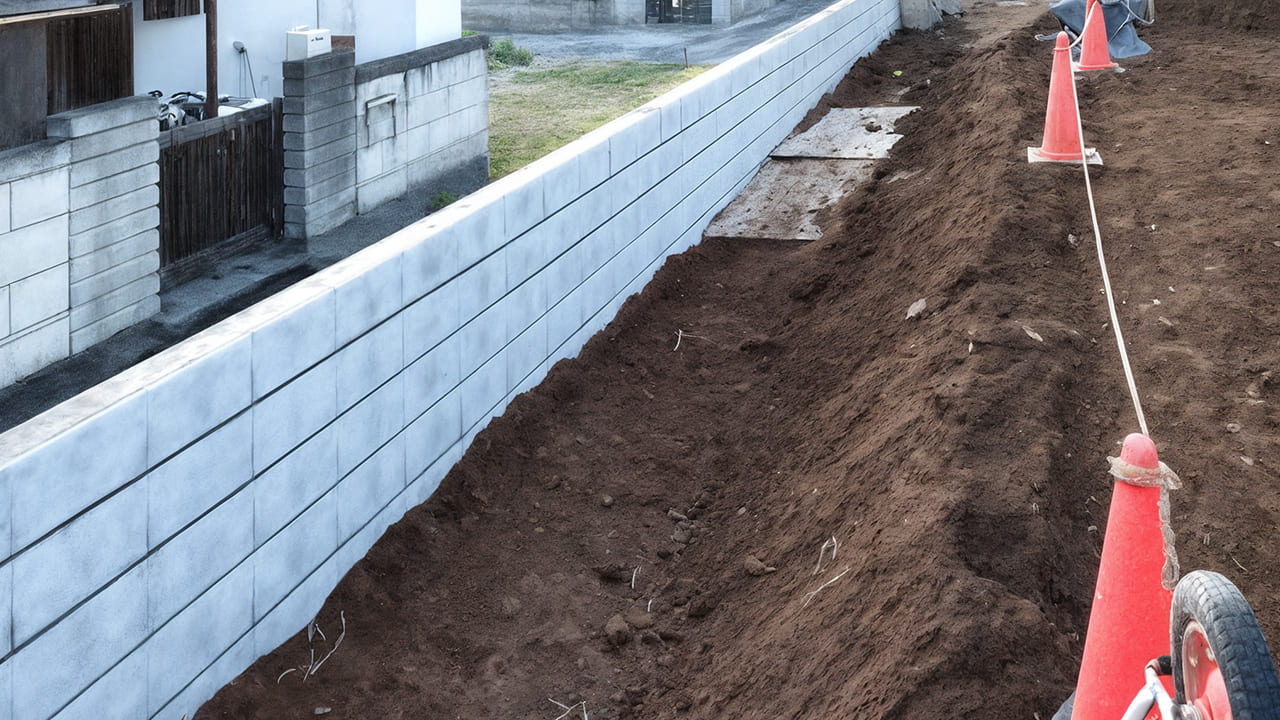 埼玉県越谷市 外構工事 型枠ブロックで土留め工事