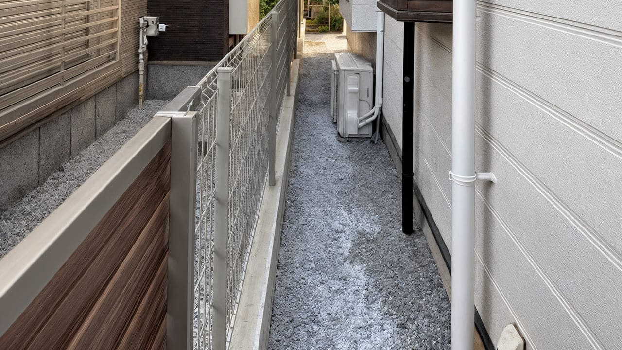 埼玉県越谷市 ブロック上に目隠しフェンスとメッシュフェンス