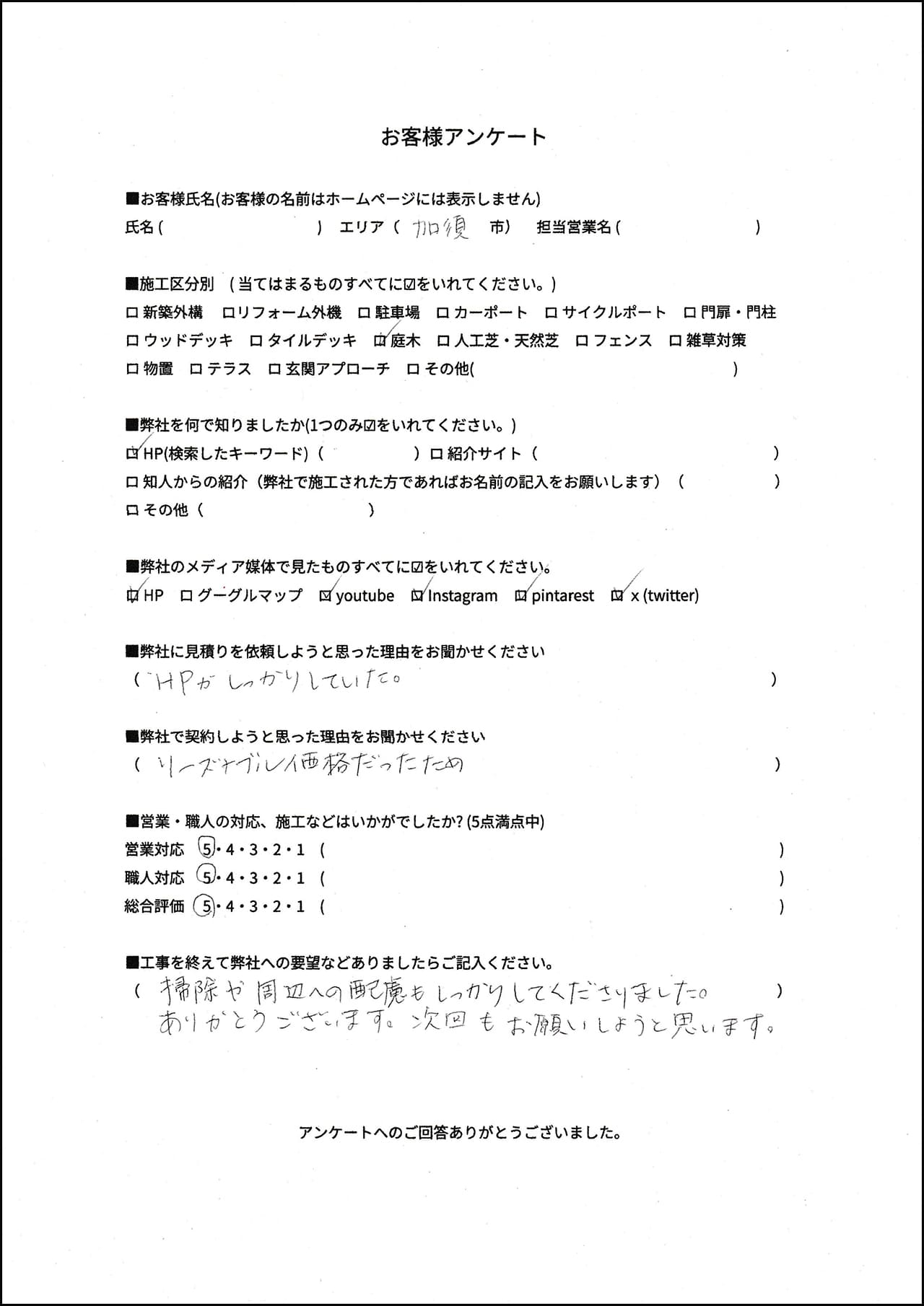 埼玉県加須市K様の外構口コミ