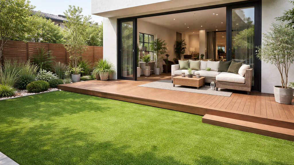 人工芝の庭＋ウッドデッキ