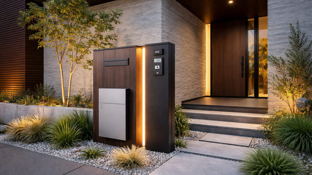 外構をおしゃれモダンに格上げする＋αの演出　宅配ボックス一体型門柱を採用する