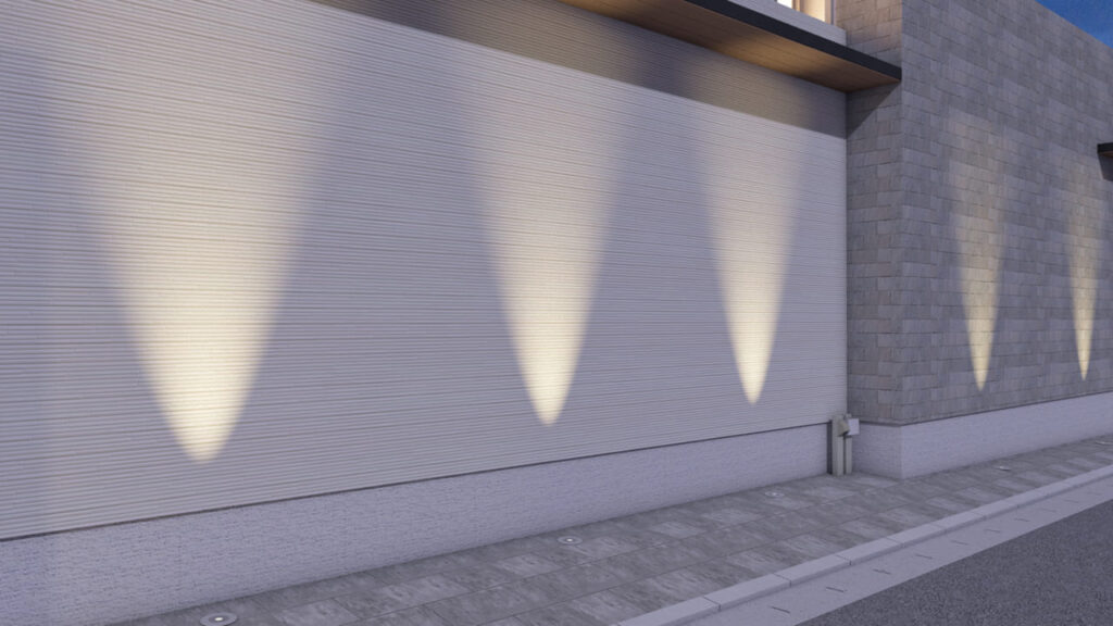 埼玉県春日部市 新築外構デザイン おしゃれな照明アプローチと庭石の坪庭