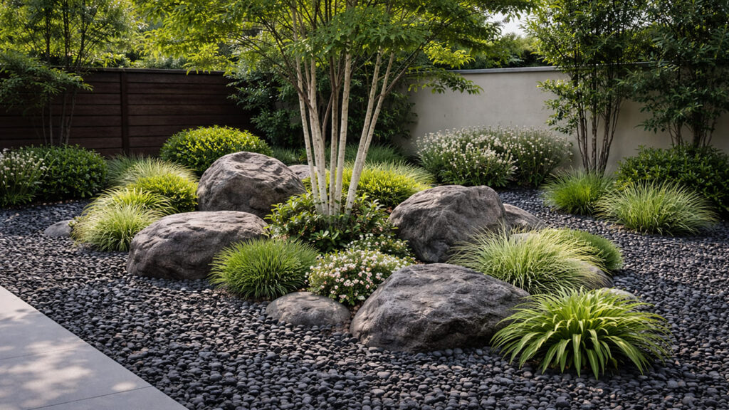 庭木と砂利を組み合わせたハイブリッド 色のコントラスト